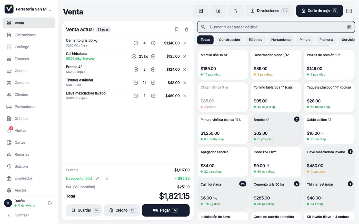 Pantalla de venta de VendApp con un carrito, descuento por mayoreo y el botón Pagar